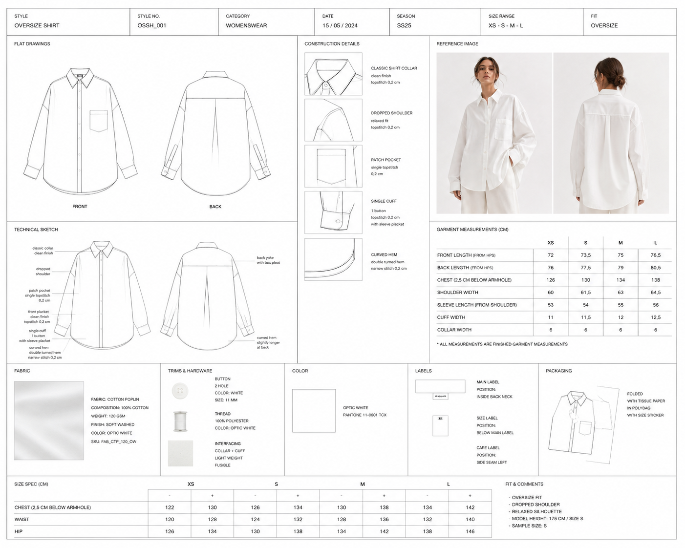 Technical documentation sheet for the garment
